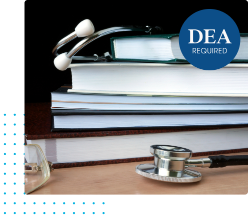 stethoscope on top of books with DEA Required badge