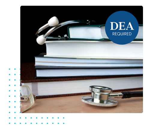 stethoscope on top of books with DEA Required badge